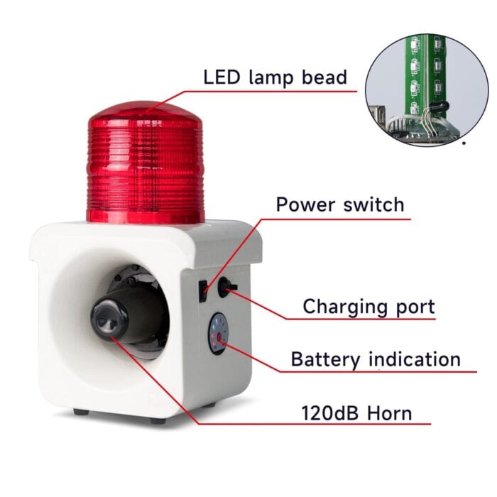 YASONG Portable Rechargeable Alarm Siren 120dB Horn 12 Tone Adjust Outdoor Siren with LED Strobe light, Charge for warehouses, home, factory, mines, school AC100-240V SLA-800B - Image 3