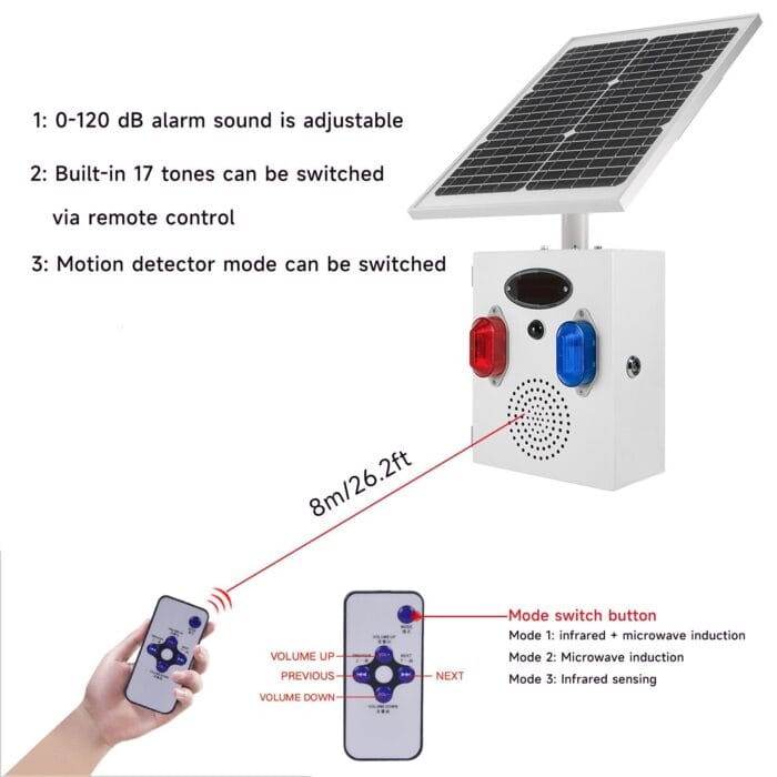 YASONG Solar Motion Sensor Alarm Siren Outdoor Waterproof Motion Detector Alarm System with Red and Blue Strobe Light, 120dB Horn 17 Tones Adjustable Microwave Infrared Induction Alarm System SLA-TYN02 - Image 4