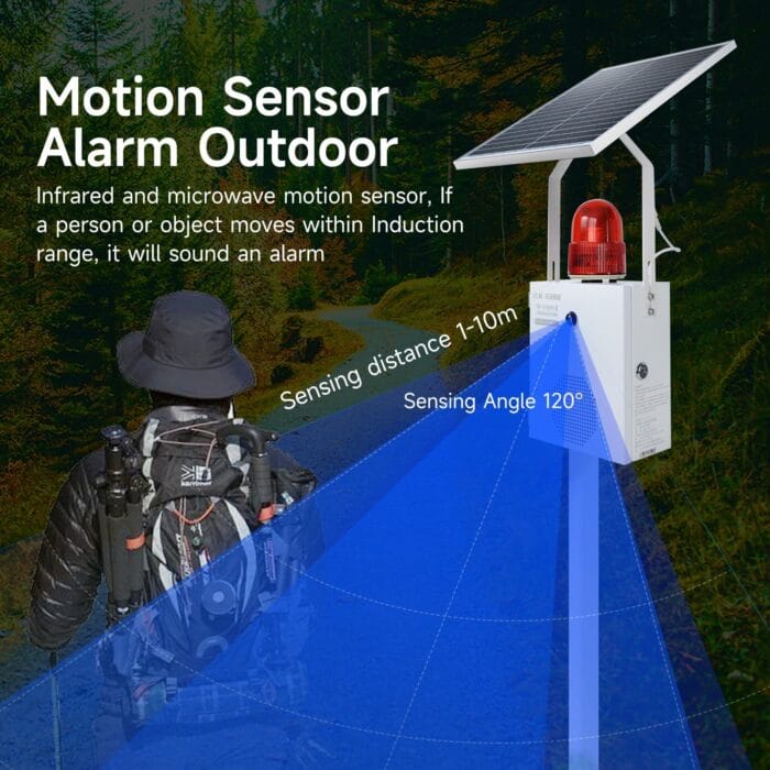 YASONG Solar Motion Sensor Alarm Siren Waterproof Outdoor Motion Detector Sirens with Strobe Light, 120dB Horn 17 Tones Adjustable Microwave Infrared Induction Alarm System SLA-118VS-II - Image 2