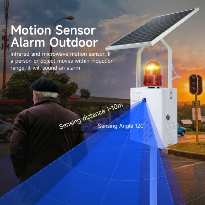 YASONG Solar Motion Sensor Alarm Siren Waterproof Outdoor Motion Detector Sirens with Strobe Light, 120dB Horn 17 Tones Adjustable Microwave Infrared Induction Alarm System SLA-118VS-II - Image 4