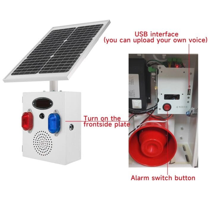 YASONG Solar Motion Sensor Alarm Siren Outdoor Waterproof Motion Detector Alarm System with Red and Blue Strobe Light, 120dB Horn 17 Tones Adjustable Microwave Infrared Induction Alarm System SLA-TYN02 - Image 7