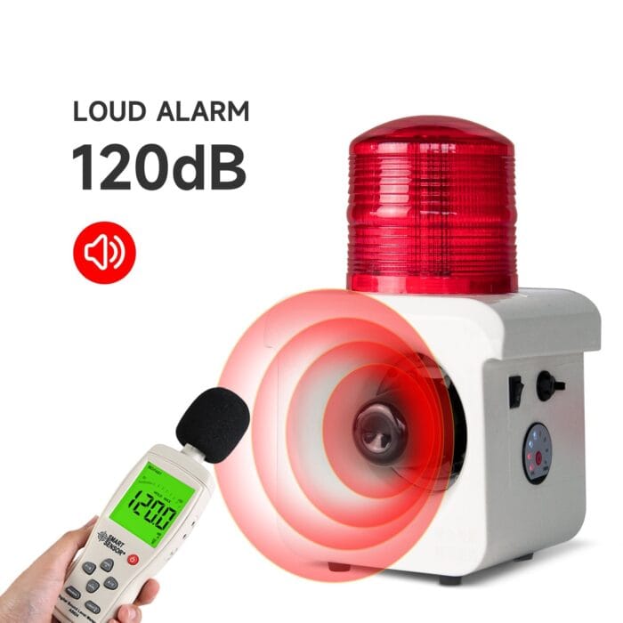 YASONG Portable Motion Sensor Alarm Siren Rechargeable Waterproof 120dB 12 Tones Adjustable Motion Detector LED Strobe Sirens for Home, Farm, Workshop AC100-240V SLA-800BW - Image 6