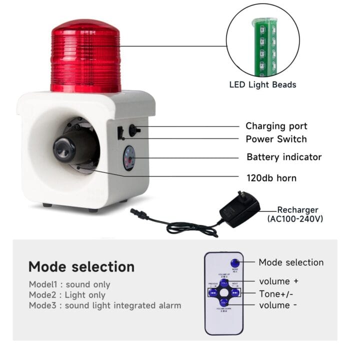 YASONG Portable Motion Sensor Alarm Siren Rechargeable Waterproof 120dB 12 Tones Adjustable Motion Detector LED Strobe Sirens for Home, Farm, Workshop AC100-240V SLA-800BW - Image 5