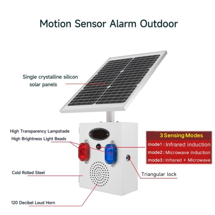 YASONG Solar Motion Sensor Alarm Siren Outdoor Waterproof Motion Detector Alarm System with Red and Blue Strobe Light, 120dB Horn 17 Tones Adjustable Microwave Infrared Induction Alarm System SLA-TYN02 - Image 5