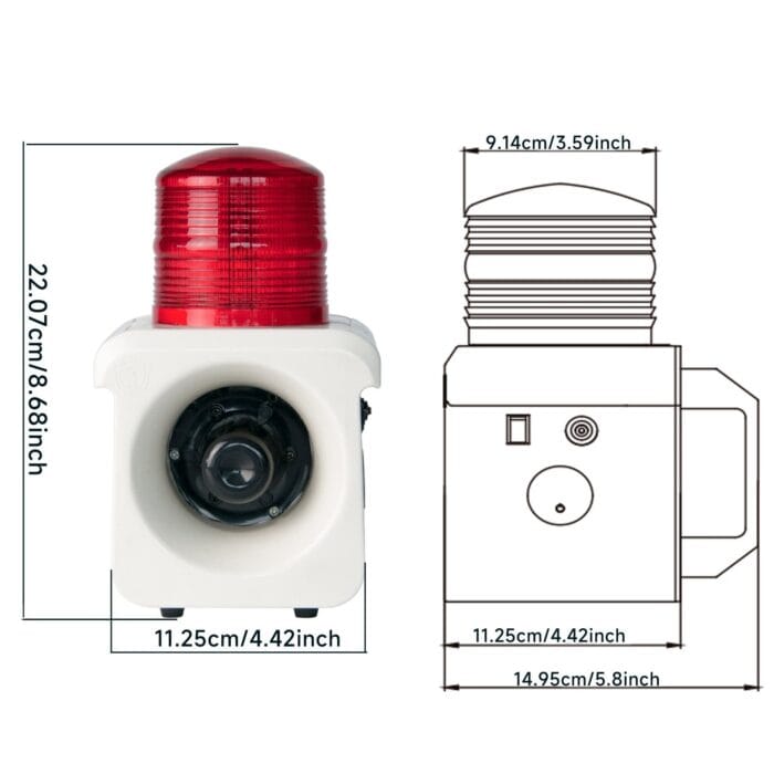 YASONG Portable Motion Sensor Alarm Siren Rechargeable Waterproof 120dB 12 Tones Adjustable Motion Detector LED Strobe Sirens for Home, Farm, Workshop AC100-240V SLA-800BW - Image 8