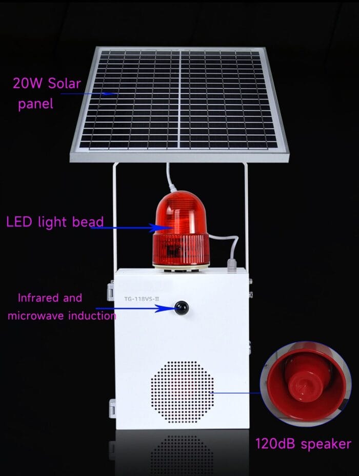 YASONG Solar Motion Sensor Alarm Siren Waterproof Outdoor Motion Detector Sirens with Strobe Light, 120dB Horn 17 Tones Adjustable Microwave Infrared Induction Alarm System SLA-118VS-II - Image 5