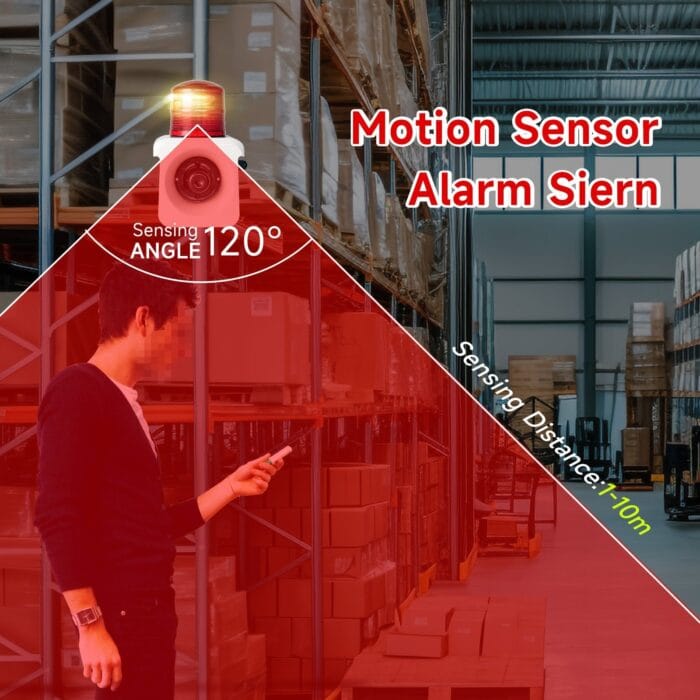 YASONG Portable Motion Sensor Alarm Siren Rechargeable Waterproof 120dB 12 Tones Adjustable Motion Detector LED Strobe Sirens for Home, Farm, Workshop AC100-240V SLA-800BW - Image 2