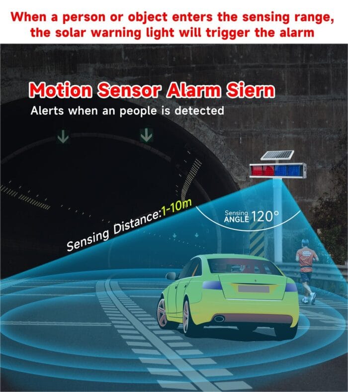 YASONG Solar Motion Detection Strobe Light Warning Light IP65 Waterproof 120dB LED Red and Blue Double-sided Flashing Lights Motion Sensor Alarm Siren for Traffic, Road Construction, Farm, Yard - Image 4