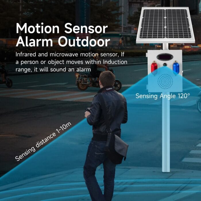 YASONG Solar Motion Sensor Alarm Siren Outdoor Waterproof Motion Detector Alarm System with Red and Blue Strobe Light, 120dB Horn 17 Tones Adjustable Microwave Infrared Induction Alarm System SLA-TYN02 - Image 2