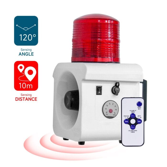 YASONG Portable Motion Sensor Alarm Siren Rechargeable Waterproof 120dB 12 Tones Adjustable Motion Detector LED Strobe Sirens for Home, Farm, Workshop AC100-240V SLA-800BW - Image 1