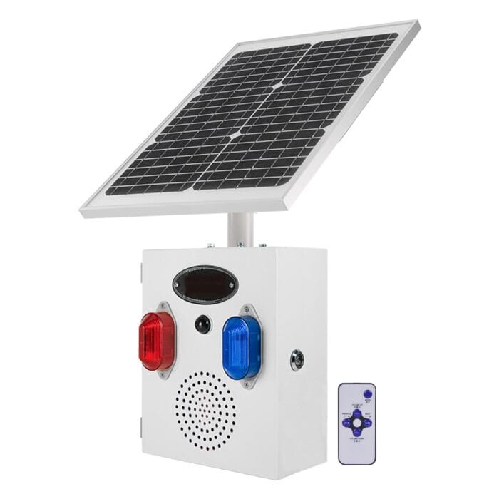 YASONG Solar Motion Sensor Alarm Siren Outdoor Waterproof Motion Detector Alarm System with Red and Blue Strobe Light, 120dB Horn 17 Tones Adjustable Microwave Infrared Induction Alarm System SLA-TYN02 - Image 1